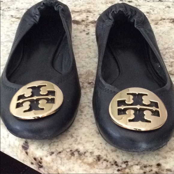 Tory Burch Shoes - Tory Burch Reva Flats. Black Gold TT Logo Size 6.